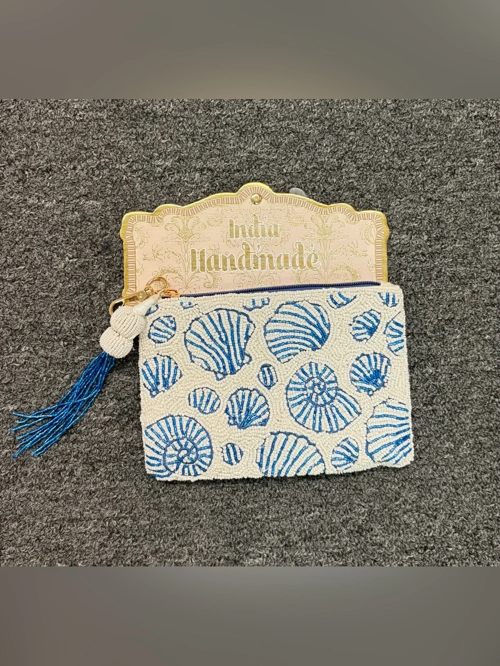 Made in India Beaded Shell Zip Pouch - White & Blue